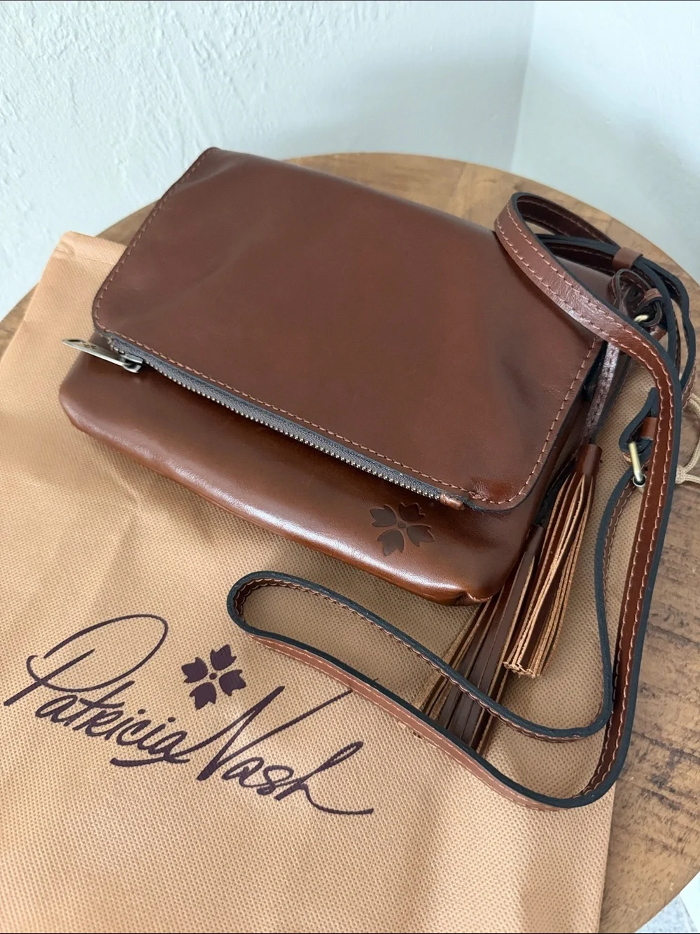 Patricia Nash Chestnut Brown Leather Messenger Bag with Tassel